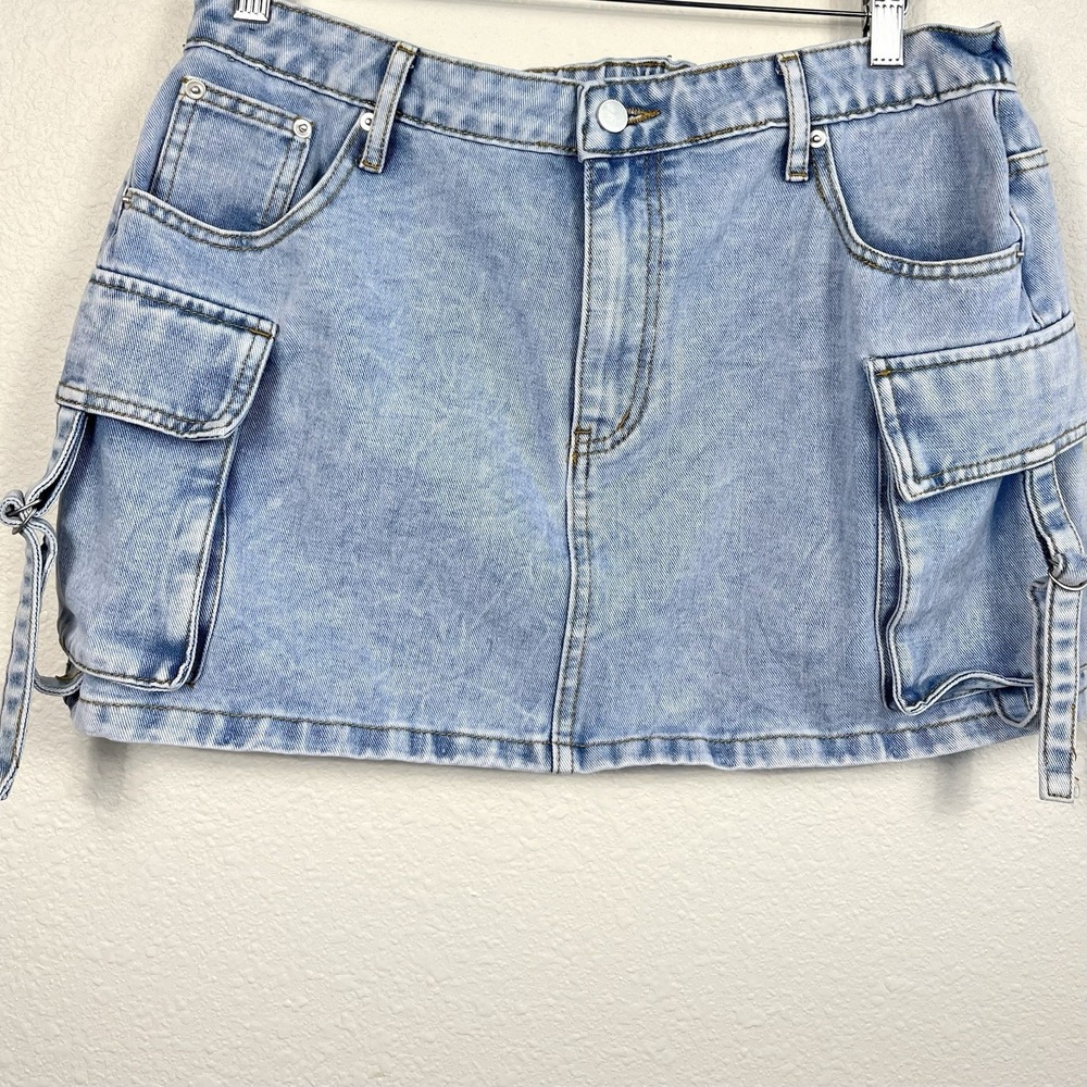 Denim Cargo Mini Skirt Women Large Light Blue Pockets Y2K Utility Stretch Jean